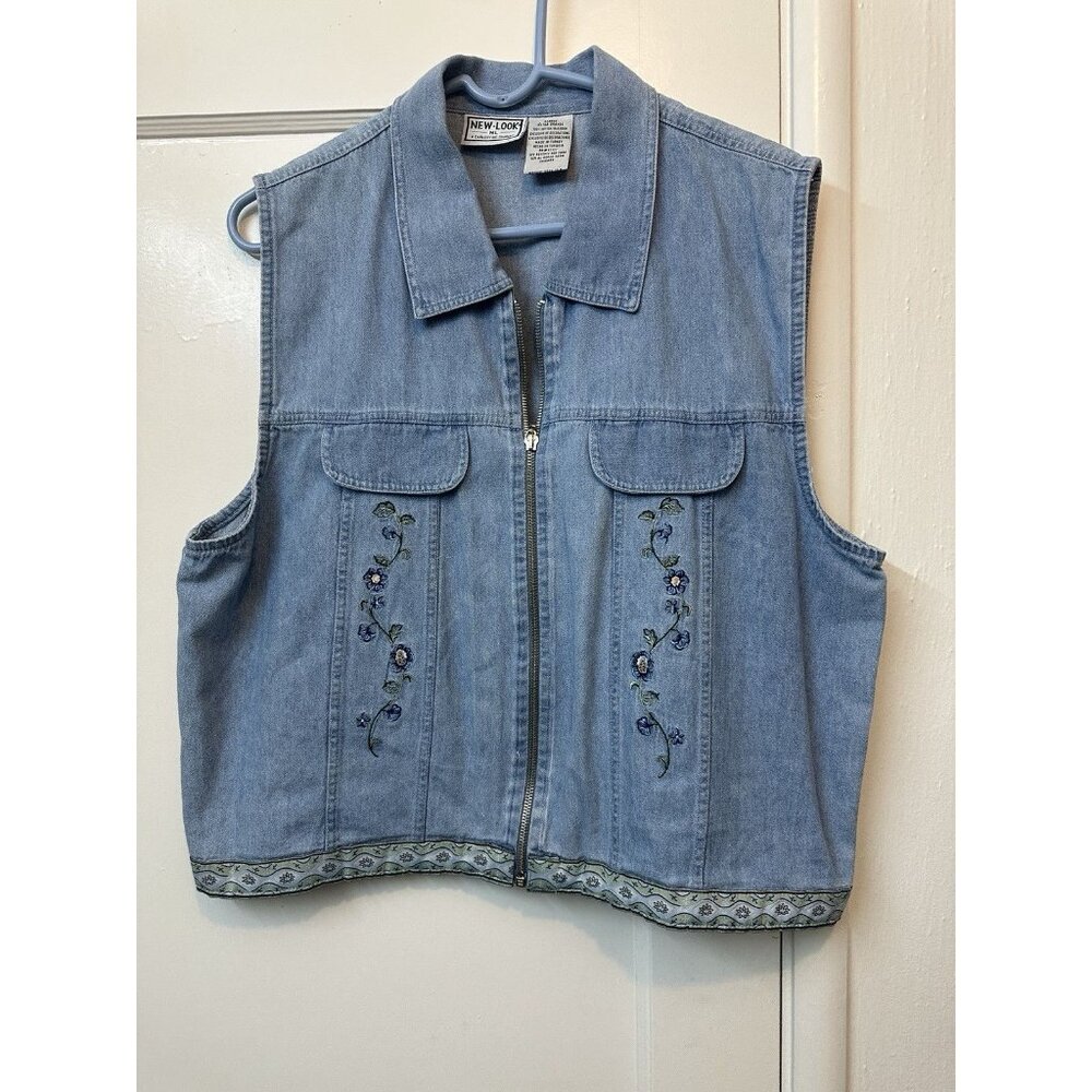 VTG New Look Denim Vest XL Embroidered Floral Zip Front Sleeveless Cotton Blue